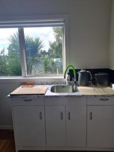 eine Küchentheke mit einem Waschbecken und einem Fenster in der Unterkunft Paris studio in Auckland