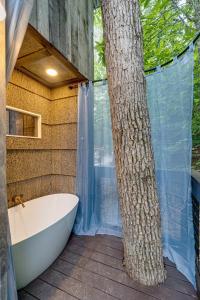 a bathroom with a bath tub next to a tree at Treetop Hideaways: The Redbud Treehouse in Chattanooga