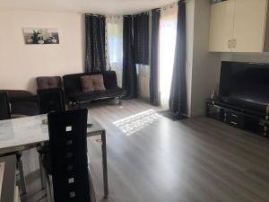 a living room with a couch and a television at Appartement avec terrasse in Saint-Ouen