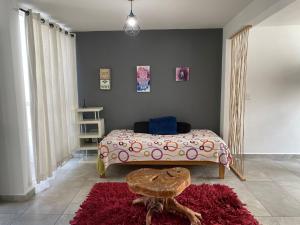 a bedroom with a bed and a red rug at Hospedaje Feria de San marcos 2024 Para 8 Personas in Aguascalientes