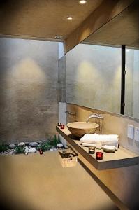 a bathroom with a sink and a counter with towels at Bodega Alpasión Lodge y Glamping in Tunuyán