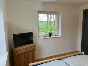 1 dormitorio con TV en la cómoda y ventana en Landperle 2, en Ulsnis