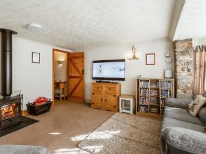 a living room with a tv and a couch and a fireplace at The Nook in Yorkley