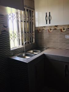 eine Küche mit einem Waschbecken und einem Fenster in der Unterkunft Serengeti Rest Lodge in Afienya