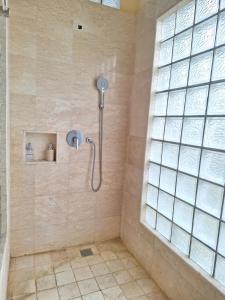 y baño con ducha con cabezal de ducha y ventana. en Arbathu Villa,,, en Ubud