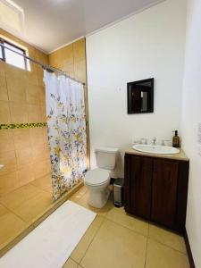La salle de bains est pourvue de toilettes, d'un lavabo et d'une douche. dans l'établissement Esparza-PURA VIDA-Tu espacio tranquilo y acogedor., à Esparza