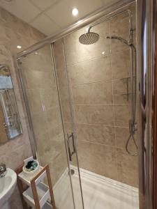 a shower with a glass door in a bathroom at Mountain View Accommodation in Donegal