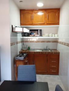 una pequeña cocina con armarios de madera y fregadero en Orizaba Suites, en Río Blanco