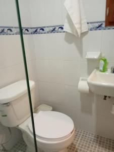 y baño con aseo y lavamanos. en Orizaba Suites, en Río Blanco