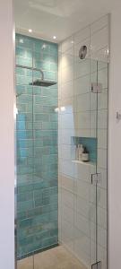baño con ducha de cristal con azulejos azules en Luxurious waterfront accommodation en Dunedin