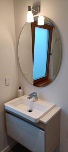 ein Badezimmer mit einem weißen Waschbecken und einem Spiegel in der Unterkunft Luxurious waterfront accommodation in Dunedin