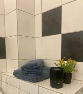 un mucchio di asciugamani seduti su un bancone in bagno di Casa del Vika a Halden