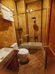 e bagno con servizi igienici, doccia e lavandino. di Khách Sạn Tường Vy a An HÃ²a