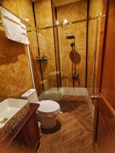 a bathroom with a toilet and a shower and a sink at Khách Sạn Tường Vy in An HÃ²a