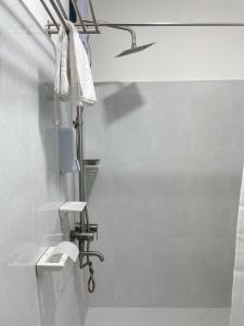 a white bathroom with a toilet and a shower at Chan One Corner in San Juan