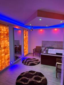 錫比烏的住宿－Casa Hanea & SPA piscina exterioara incalzita ,sauna, jacuzzi privat in fiecare apartament，一间带床和地毯的客厅