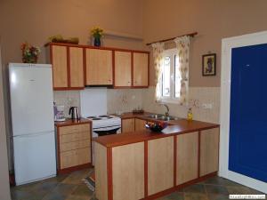 Kleo Joannas Apartments في إرميوني: مطبخ بدولاب خشبي وثلاجة بيضاء
