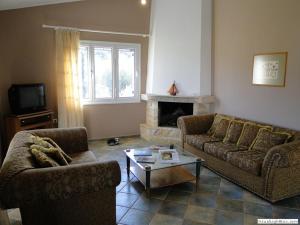 Kleo Joannas Apartments في إرميوني: غرفة معيشة مع كنبتين ومدفأة