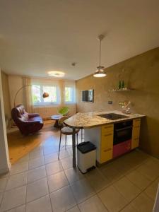 a kitchen with a counter and a table and chairs at City Apartment Markdorf in Markdorf