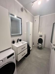 a white bathroom with a sink and a toilet at Central, spacius apartment. in Bucharest