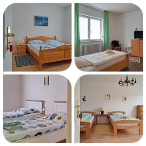 three different pictures of a bedroom with two beds at Margaretes Gästehaus am Rheinsteig Wanderer Radfahrer Familien Business-Reisende WLAN gratis in Rheinbrohl