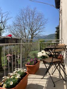 a patio with pots of flowers and a table at Casa nella natura a Bobbio in Bobbio