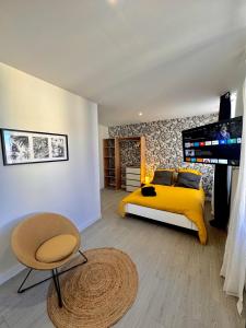 sypialnia z żółtym łóżkiem i telewizorem w obiekcie Le Victor Hugo & son Jardin - Détente à Montluçon w mieście Montluçon