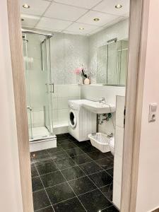 a bathroom with a sink and a shower at Luxury Premium Furnished Apartment in Bonn