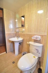 La salle de bains est pourvue de toilettes et d'un lavabo. dans l'établissement La La Mountain Taohuayuan Farm, à Hualing