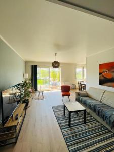 a living room with a couch and a tv at Appart T4 85m2 spacieux climatisation parking in Rodez