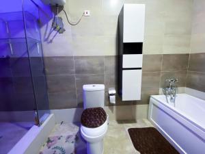 a bathroom with a toilet and a bath tub at Irish Apartment in Kasoa
