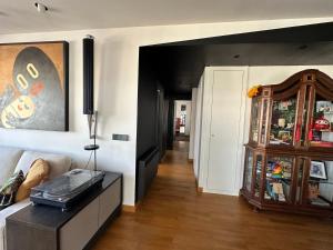 een woonkamer met een bank en een boekenplank bij Designer Penthouse - Outdoor & Light in Castellón de la Plana