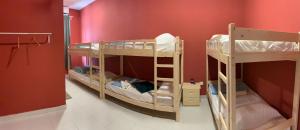 two bunk beds in a room with a red wall at NEW Desaru pengerang sebana cove 15pax RAPID MINI ZOO in Pengerang