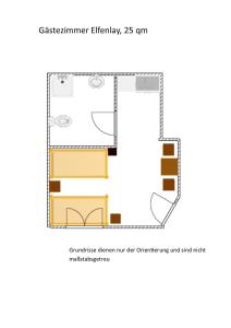 a floor plan of a small bathroom with yellow and orange at Niedersburger Eck, wandern, radfahren, genießen, erholen in Boppard
