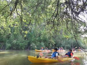 eine Gruppe von Menschen, die auf einem Fluss auf Kajaks reiten in der Unterkunft Centro de Naturaleza Cañada Verde "el Parque de Naturaleza con mas experiencias de Andalucía" in Hornachuelos