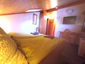 ein Hotelzimmer mit einem Bett und einem TV in der Unterkunft Chambre double Doppelzimmer Camping Jaunpass in Boltigen