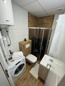 a bathroom with a washing machine and a toilet at Apartmani Viver Vrnjačka Banja in Vrnjci