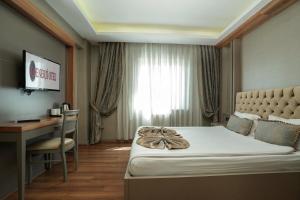 アンカラにあるEnerji Otelのベッド、デスク、テレビが備わるホテルルームです。