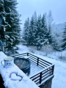 een kopje koffie op een balkon in de sneeuw bij Hill House SD in Topliţa
