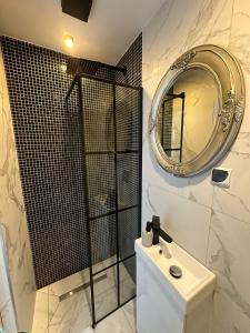 een badkamer met een douche, een wastafel en een spiegel bij Forteca, pokoje gościnne nad stawem in Dzierżoniów