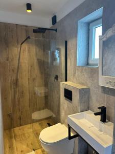 ein Bad mit einer Dusche, einem WC und einem Waschbecken in der Unterkunft Forteca, pokoje gościnne nad stawem in Dzierżoniów