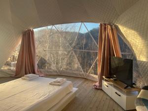 una camera con letto e TV in tenda di Mountain View Hotel Complex a Yabulkovets
