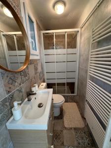 uma casa de banho com um lavatório, um WC e um espelho. em Maisonnette à 200 m de la plage em La Seyne-sur-Mer
