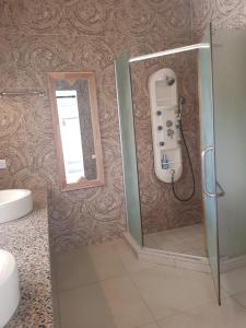 La salle de bains est pourvue d'une douche et d'un miroir. dans l'établissement Villas Rocher - Deluxe Suite 2A, à Grand Baie