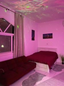 a purple bedroom with a bed and a couch at Lusy's studio Family Park in Abu Dhabi