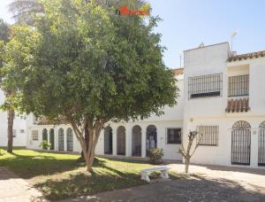 ein Baum und eine Bank vor einem Gebäude in der Unterkunft El Anfitrión - Casa Dunas in Sanlúcar de Barrameda