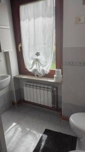 a bathroom with a toilet and a window with a curtain at Maison Dayné - DimoraAlpina in Introd