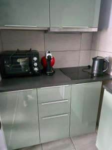 encimera de cocina con tostadora y tostadora en Apartament Bunsha Kraków, en Cracovia