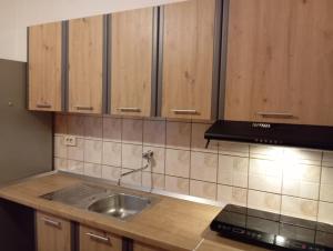 una cocina con armarios de madera y fregadero en Hostel Kvarner, en Rijeka