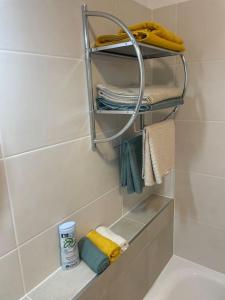 a bathroom with a rack with towels and a sink at Magnolia in Trnávka